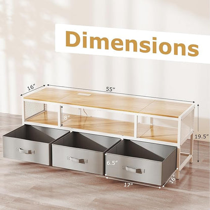 Giantex Dresser TV Stand for 65 Inch TV, Modern Entertainment Center w/Power Outlets, Open Shelf & Fabric Drawers, Television Stands, TV Console Table for Living Room Bedroom (Natural+White)