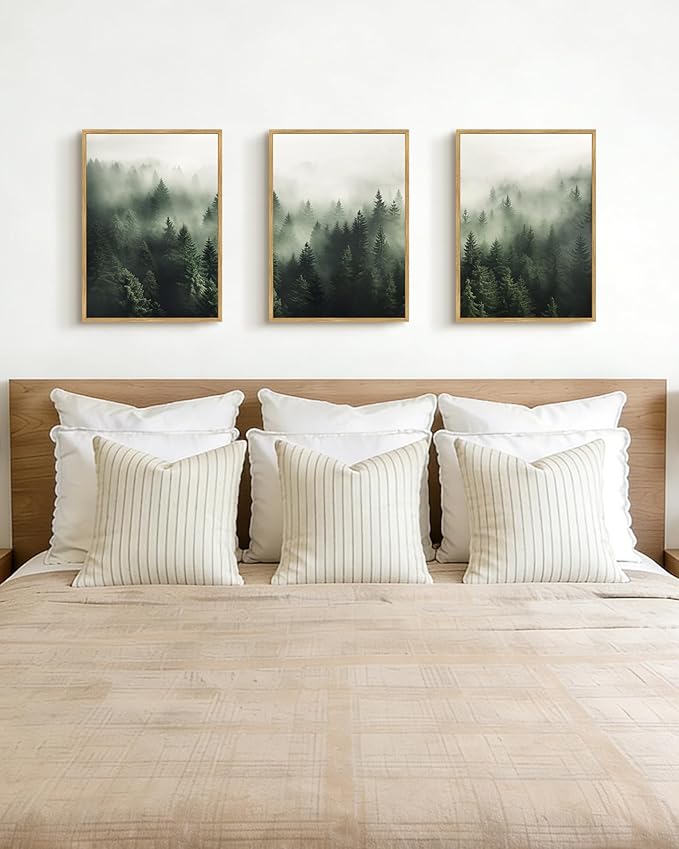 PHOPAGO Green Fog Pine Tree Framed Wall Art Nature Misty Nordic Forests Artwork Morden Paints for Kitchen Hallway Decor - 11x14in Natural Framed