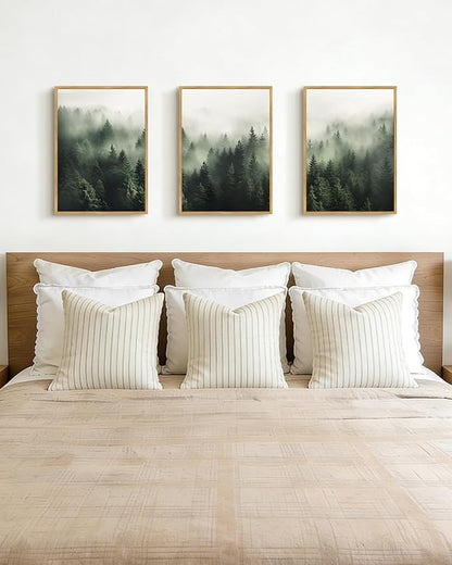 PHOPAGO Green Fog Pine Tree Framed Wall Art Nature Misty Nordic Forests Artwork Morden Paints for Kitchen Hallway Decor - 11x14in Natural Framed
