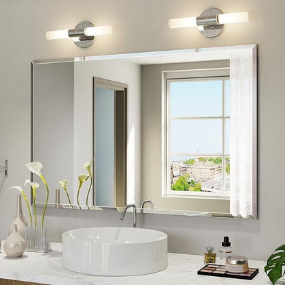 Frameless Bathroom Mirrors for Wall, 48"x32" Beveled Bathroom Mirror for Vanity, Wall Mount Mirror for Bedroom Entryway Living Room Hangs Horizontally or Vertically