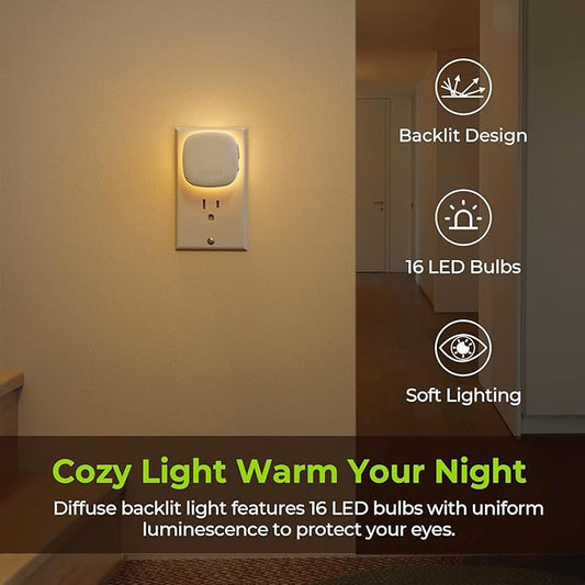 AUVON Plug-in LED Backlit Night Light with Motion Sensor & Dusk to Dawn Sensor, 2700K Soft Warm White Nightlight with 1-50lm Dimmable Brightness for Adults & Kids' Bedroom, Bathroom, Hallway (4 Packs)