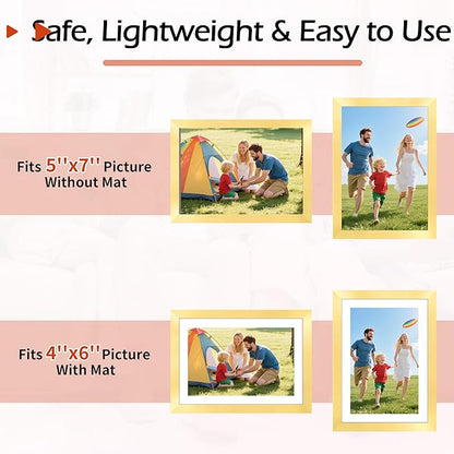 5x7 Picture Frame Set of 2, Gold Photo Frames for Gallery Wall Mounting or Table Display, Display Pictures 4x6 with Mat or 5x7 Without, Poster Frames with Plexiglass for Home Office Decor