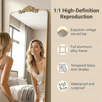 Antok Arched Full Length Mirror, 81"x41" Floor Mirror with Carved, Full Body Mirrors for HomeDecor, Standing/Halling Large Wall Mirror for Bedroom, Living Room, Cloakroom, Black, Ornate Style