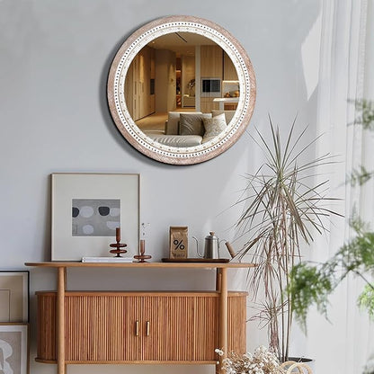 Reflinto 30 Inch Rustic Farmhouse Round Wood Mirror Wall Decor, Boho Circle Decorative Mirrors for Bathroom Over Sink, Bedroom, Living Room, Entryway, Foyer