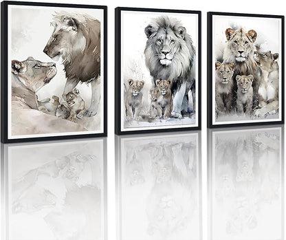 Majestic Lion Framed Canvas Wall Art Warming Lion Family Decor for Country House Apartment Living Room Bedroom Wildlife Animals Portrait Print Artwork Wall Decor Easy to Hand 12x16inchx3pcs