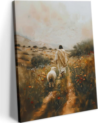 Jesus Leaves the 99 Sheep Canvas Wall Art Jesus and Lamb Painting Wall Decor Picture The Lost Sheep Posters Prints Christian Baptism gifts for Living Room Bedroom Prayer Home Decor 24x36 In canvas