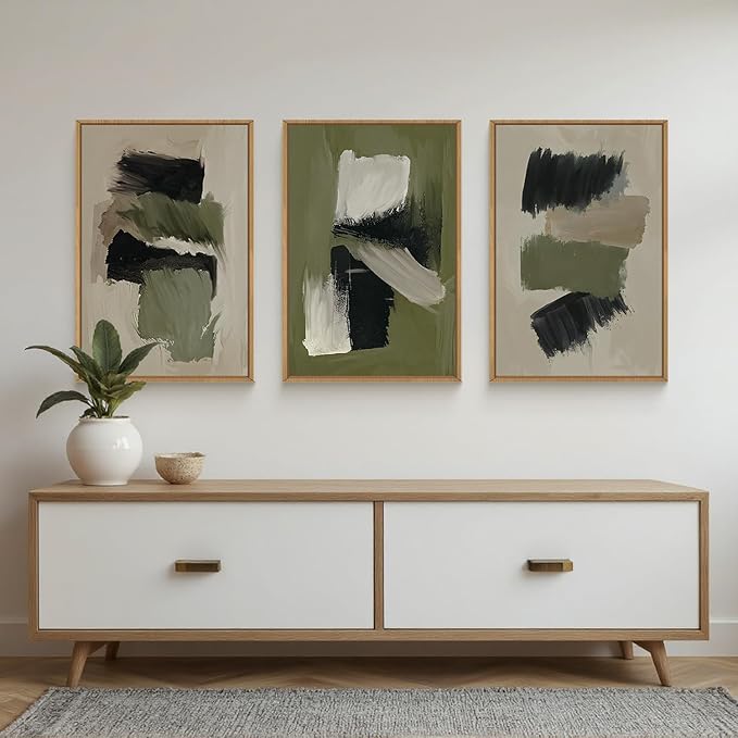 Green Abstract Framed Canvas Wall Art Set, Modern Brush Strokes Wall Decor,Neutral Tone Minimalist Green and Black Color Block Art Print for Living Room,Bedroom,Dining Room, Office-16 x24 x3