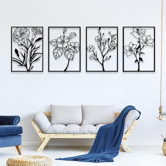 ZNZAPO 4 Pcs Large Black Metal Flower Wall Art, Abstract Line Art Wall Decor, Minimalist Floral Wall Hanging Art, 3d Wall Art Sculptures Decor for Living Room Bedroom Bathroom (15.7 × 22.5”)