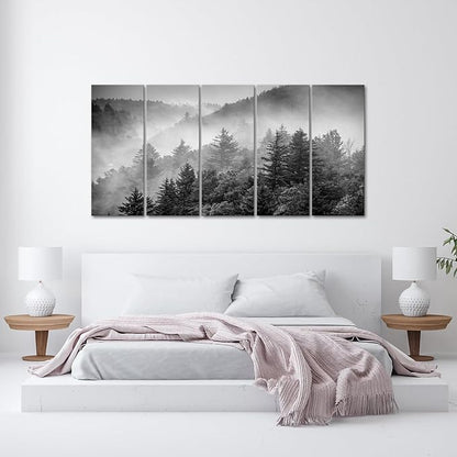 iKNOW FOTO 5-Piece X-Large Canvas Wall Art Set Black and White Misty Forest & Evergreen Trees Landscape Picture Prints Stretched Ready to Hang for Living Room 16x40 Each Panel