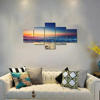 Beautiful 5 Piece Sunset Beach Waves Landscape Artwork Pictures Painting on Canvas Wall Art for Living Room Prints and Posters for Home Decorations Wall Decor Set Framed (50’’W x 24’’H)