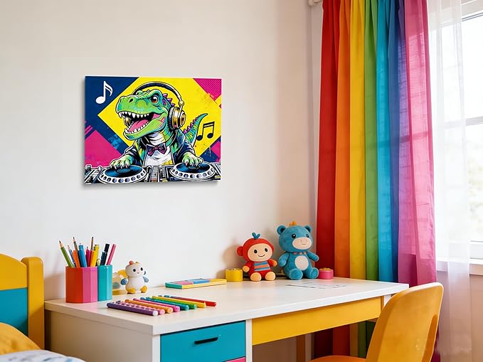 16x24 Pop DJ Dinosaur Canvas Wall Art Prints, Graffiti T-Rex Music Decor with Headphone & Turntable, Colorful Wall Painting for Teen Boy/Kids Bedroom, Child Home Painting Vibrant Hanging Game Poster