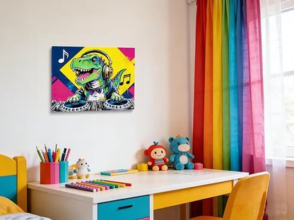 16x24 Pop DJ Dinosaur Canvas Wall Art Prints, Graffiti T-Rex Music Decor with Headphone & Turntable, Colorful Wall Painting for Teen Boy/Kids Bedroom, Child Home Painting Vibrant Hanging Game Poster