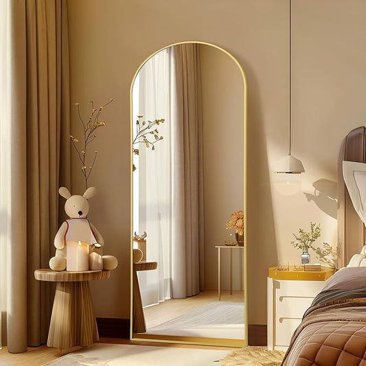 56"X18" Arched Full Length Mirror, Gold Floor Mirror with Stand Hanging or Leaning Against Wall, Tempered Glass Full Body Mirror for Bedroom Living Room, Aluminum Alloy Frame