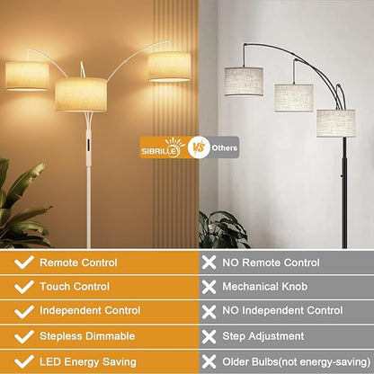 SIBRILLE 36W Dimmable Floor Lamp - 3 Lights Arc Floor Lamps Standing Lamp with Remote & Touch Control, Tall Lamp for Living Room Corner, Bedroom, Office