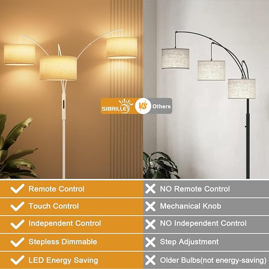SIBRILLE 36W Dimmable Floor Lamp - 3 Lights Arc Floor Lamps Standing Lamp with Remote & Touch Control, Tall Lamp for Living Room Corner, Bedroom, Office