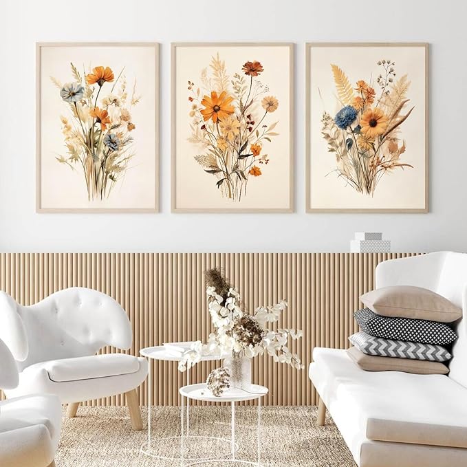 Botanical Floral Wall Art Set of 3 Vintage Wildflower Canvas Wall Decor Watercolor Rustic Farmhouse Wall Art Aesthetic Botanical Pictures Vintage Floral Prints for Room Bedroom 12x16 Inch Unframed