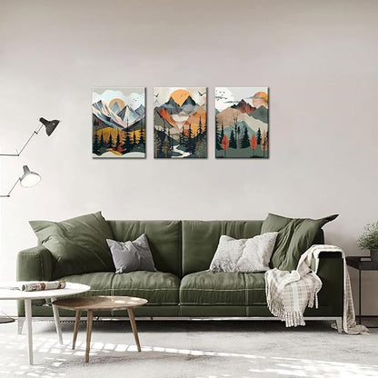 Mountain Canvas Wall Art Set of 3, Boho Sun Forest Abstract Nature Landscape Artwork Wall Decor, Watercolor Posters Prints Painting Picture Artwork for Living Room Bedroom Office 16x24 In Framed
