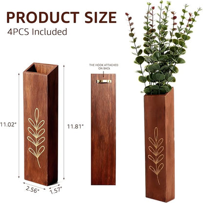 4-Pack Wooden Wall Vases, Slim Pine Wall Planters with 4 Faux Greenery Stems, Adhesive Hooks & Screws, Modern Farmhouse Wall Decor for Living Room, Bedroom, Bathroom (Dark Brown)