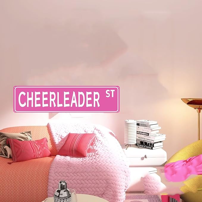 Pink "CHEERLEADER" Street Metal Tin Sign Aesthetic Cheerleading Dance Dancer Cheer Accessories for Girls Home Bedroom Dorm Room Wall 4 x 16 In