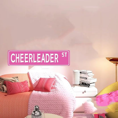 Pink "CHEERLEADER" Street Metal Tin Sign Aesthetic Cheerleading Dance Dancer Cheer Accessories for Girls Home Bedroom Dorm Room Wall 4 x 16 In