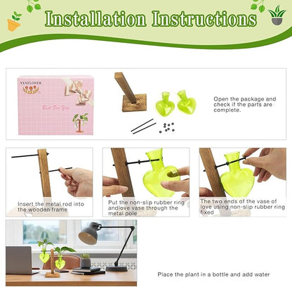 XXXFLOWER Plant Terrarium Propagation Station, Gifts for Mom Daughter Wife Plant Lover, Hydroponic Planter Bulb for Home Office Garden Decoration - 2 Green Love Bulb Vase with Wooden Stand