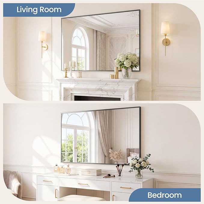 NEWBULIG 30" x 48" Black Rectangle Bathroom Mirror for Wall, Morden Wall Mirror with Metal Frame, Tempered Glass, Vanity Mirror for Over Sink, Entryway, Living Room, Anti-Rust