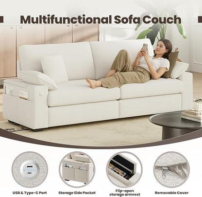 COLAMY 89" Loveseat Sofa, Modular Midcentury Modern 3-Seat Sofa, with USB Type C Ports and 4 Pillows for Home Living Room, Beige | USB Type C Ports