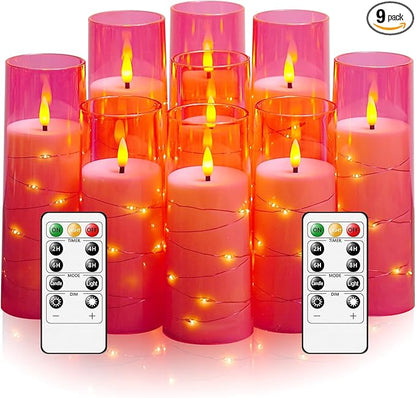kakoya Flameless LED Candles with Timer 9 Pc Flickering Flameless Candles for Romantic Ambiance and Home Decoration Stable Acrylic Shell,with Embedded Star String，Battery Operated Candles(Pink)