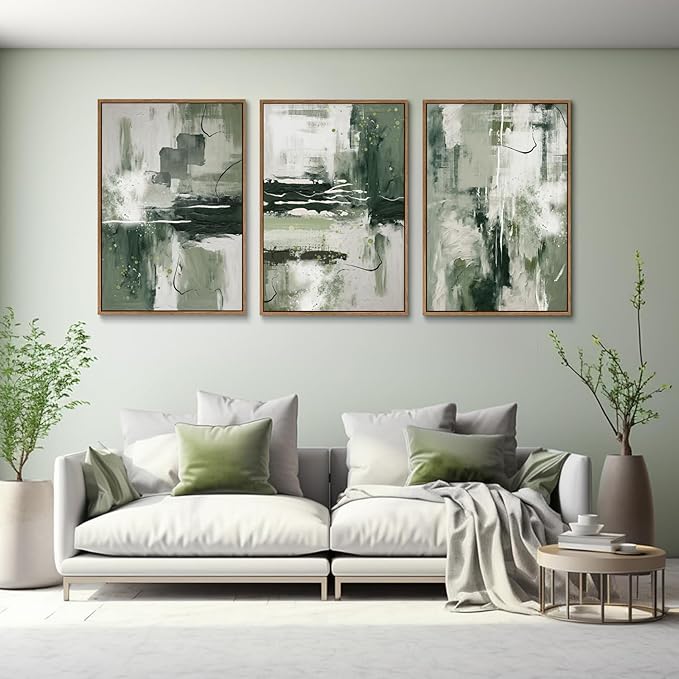 myusuar 3 Piece Large Modern Abstract Canvas Framed Wall Art For Living Room, Sage Green Minimalist Wall Art Decor Posters Prints For Bedroom Office, 24x36in
