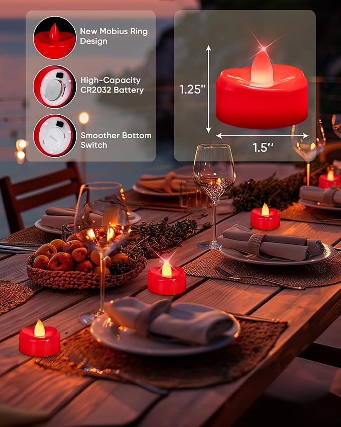 merrynights LED Candles, 24 Pack Tea Lights Candles Battery Operated, Flameless Tealight Candle, Realistic Tea Lights for Halloween Christmas Party Decor -D 1.5” x H 1.25”-Red