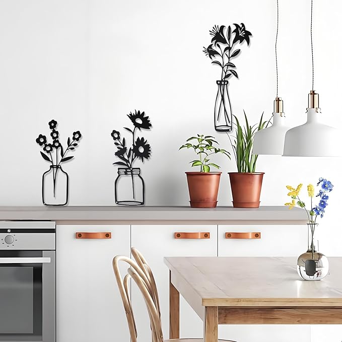 QZGXDECO Black Metal Flower Wall Decor,Metal Vase Wall Art,Minimalist Floral Wall Sculptures,Hanging Decor for Kitchen Dining Room Living Room Bathroom Bedroom(11.5'' X 3PCS)
