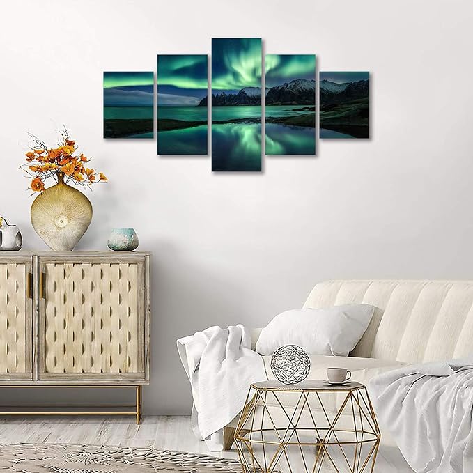 Aurora Borealis Wall Art Painting for Office Bedroom Scenery Landscape Canvas Print Framed Picture Northern Lights Poster Artwork Ready to Hang(70Wx40H)