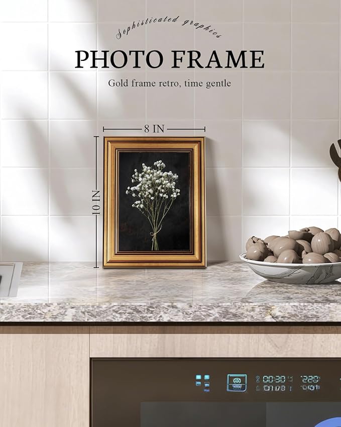VIYYIEA Vintage Gold Framed Wall Art, Retro Dark Dried Wildflower Canvas, Aesthetic Classic Botanical Baby's Breath Bouquet Pictures, Victorian Wall Decor for Room Gallery Living Room Bathroom,8x10inch