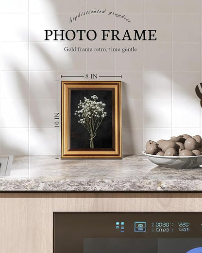 VIYYIEA Vintage Gold Framed Wall Art, Retro Dark Dried Wildflower Canvas, Aesthetic Classic Botanical Baby's Breath Bouquet Pictures, Victorian Wall Decor for Room Gallery Living Room Bathroom,8x10inch