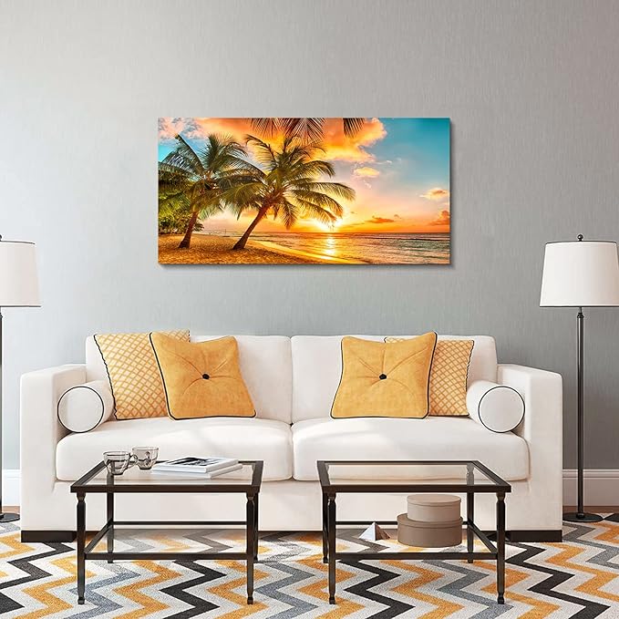 EPHANY Golden Ocean Beach Palm Wall Art Art - 1 Piece Canvas Wall Art Sunset See Tree Landscape Canvas Paintings Posters Print on Canvas Stretched and Framed Ready To Hang (F-1pcs,20x40inchx1pcs)