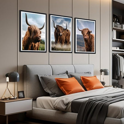 3 Pieces Farmhouse Animals Framed Canvas Wall Art Highland Cow Picture Wall Decor for Country House Modern Cow Portrait Print Artwork for Living Room Decoration Easy to Hand 16x24inchx3pcs