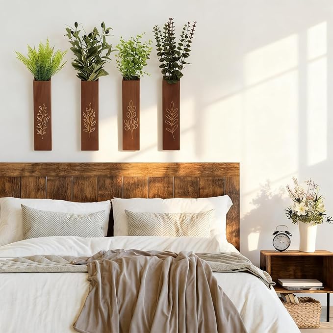 4-Pack Wooden Wall Vases, Slim Pine Wall Planters with 4 Faux Greenery Stems, Adhesive Hooks & Screws, Modern Farmhouse Wall Decor for Living Room, Bedroom, Bathroom (Dark Brown)