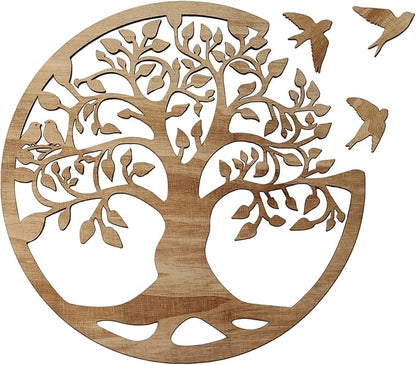 Tree of Life Wall Art Wooden Tree Life Wall Decor with Three Birds 12 Inch Round Family Tree Life Wall Hanging Plaque for Bedroom Living Room Kitchen Office Farmhouse Decor Indoor Outdoor (Round Tree of Life - Wood Color)