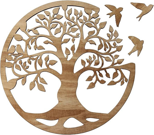 Tree of Life Wall Art Wooden Tree Life Wall Decor with Three Birds 12 Inch Round Family Tree Life Wall Hanging Plaque for Bedroom Living Room Kitchen Office Farmhouse Decor Indoor Outdoor (Round Tree of Life - Wood Color)