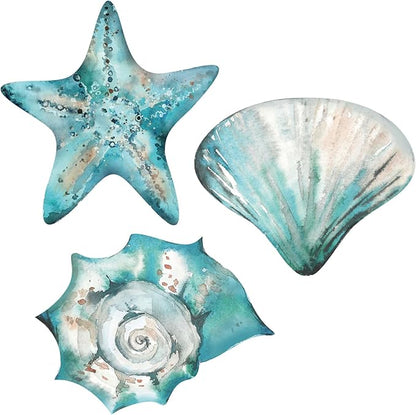 Tatuo 3 Pcs Summer Coastal Wall Decor Bathroom Beach Blue Wall Art Sea Turtle Surfboard Seahorse Starfish Seashell Conches Crabs Sea Life Decor for Bedroom Home (Shells,Conch,Starfish)