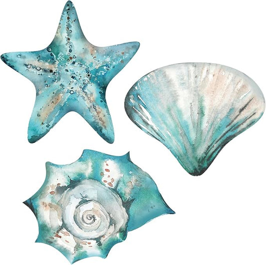 Tatuo 3 Pcs Summer Coastal Wall Decor Bathroom Beach Blue Wall Art Sea Turtle Surfboard Seahorse Starfish Seashell Conches Crabs Sea Life Decor for Bedroom Home (Shells,Conch,Starfish)