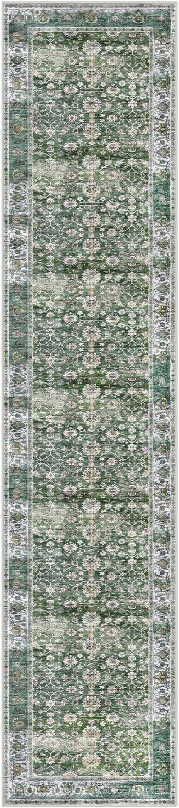 KUTA Vintage Long Runners for Hallways, 2.6x12 Green Washable Non-Slip Kitchen Rugs Ultra Thin Soft Printed Distressed Oriental Floral Floor Carpet for Laundry Bedroom Living Room Nursery