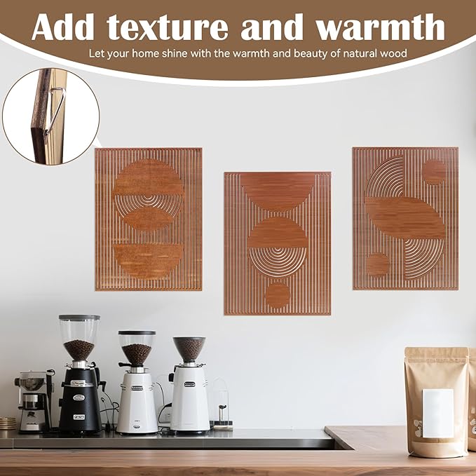Betinyar 3PCS Geometric Abstract Wood Wall Art, Modern Wood Wall Decor with Hollow Design & Metal Hook, Vintage Brown Minimalist Home Decor for Living Rooms, Bedrooms, Offices, & Cafes (Dark brown)