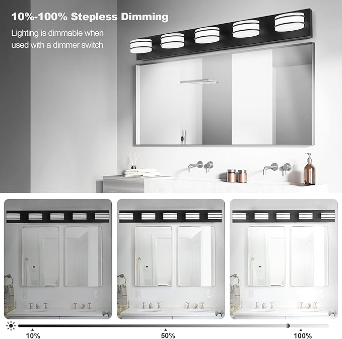GOODATE 3 Color Temperature Dimmable Bathroom Light Fixtures Over Mirror, LED Black 5 Light Vanity Lighting Fixtures, Acrylic Stainless Steel Oval Shade Vanity Lights for Bathroom, ETL Certificated