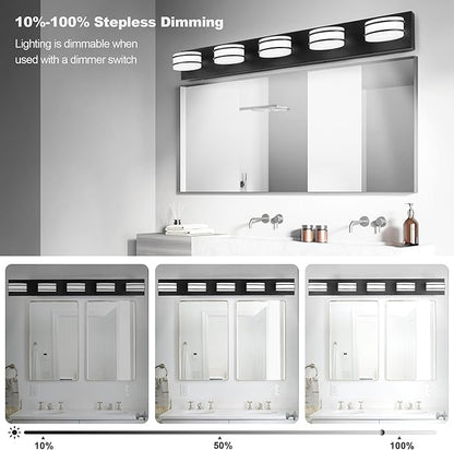 GOODATE 3 Color Temperature Dimmable Bathroom Light Fixtures Over Mirror, LED Black 5 Light Vanity Lighting Fixtures, Acrylic Stainless Steel Oval Shade Vanity Lights for Bathroom, ETL Certificated