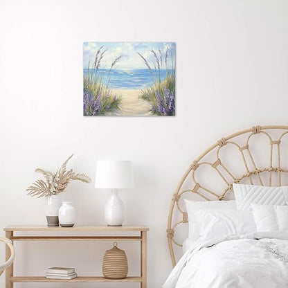 LB Coastal Lavender Beach Wall Art Vintage Lavender Flower Butterfly with Inspirational Canvas Wall Art Rustic Wood Wall Decor for Bedroom Bathroom Living Room Framed Artwork Ready to Hang 12L x 12W