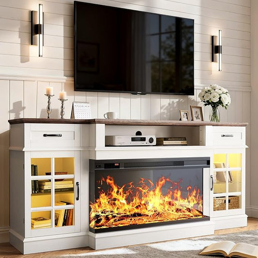 70" TV Stand with 36" Electric Fireplace, Entertainment Center Console Table for TV up to 80'', Fireplace TV Stand with Open Storage Shelves and Glass Door for Living Room, White