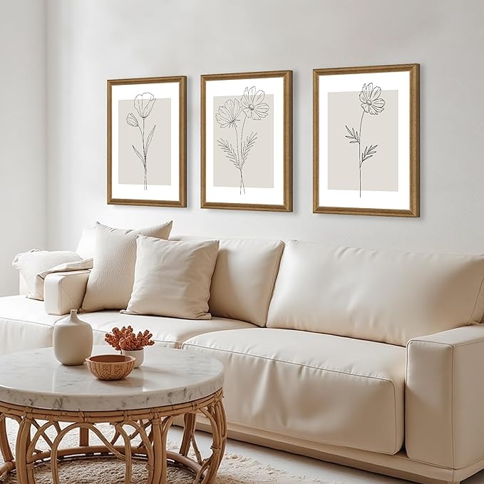 ICHZUMW Neutral Botanical Floral Wall Art, Black and White Farmhouse Flowers Wall Decor, Modern Minimalist Line Art Canvas Prints, Beige Artwork, Living Room Bedroom Home Office, Set of 3, 12x16in
