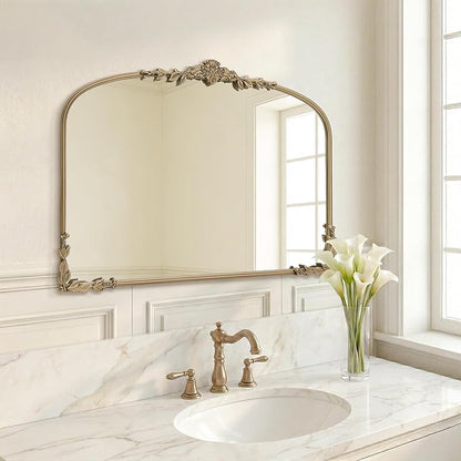 Besdomus Large Gold Arched Mirror: 40"x30" Matt Gold Baroque Vintage Wall Mirror - Traditional Ornate Antique for Bedroom/Fireplace/Entryway/Bathroom/Living Room - Ideal for Fashion-Conscious