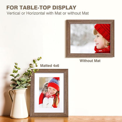 KINLINK 6x8 Picture Frame Brown Wood, Solid Wood Frames with Acrylic Plexiglass for Pictures 4x6 with Mat or 6x8 without Mat, Tabletop and Wall Display Photo Frame, Set of 4